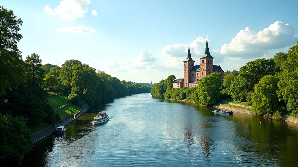 Daugavas pārgāznis ar Vecā pils kontūru un zaļajiem kokiem