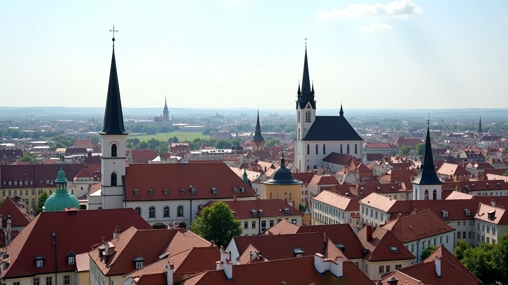 Pilsētas panaroma no baznīcas torņa ar vairākiem torņiem redzamiem