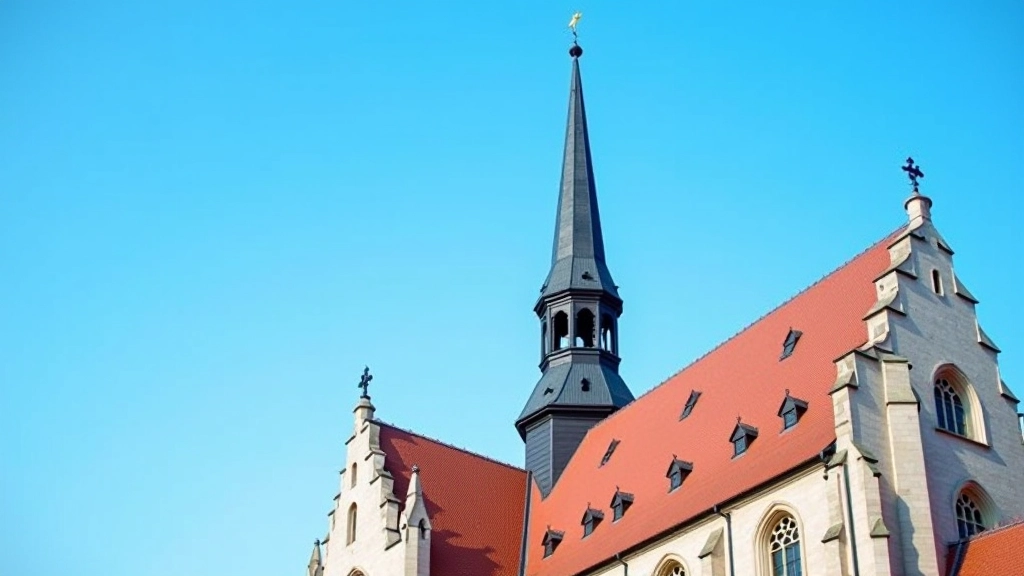 Doma baznīcas spilgtā sarkano dakstiņu jumta detaļa ar torni fonā
