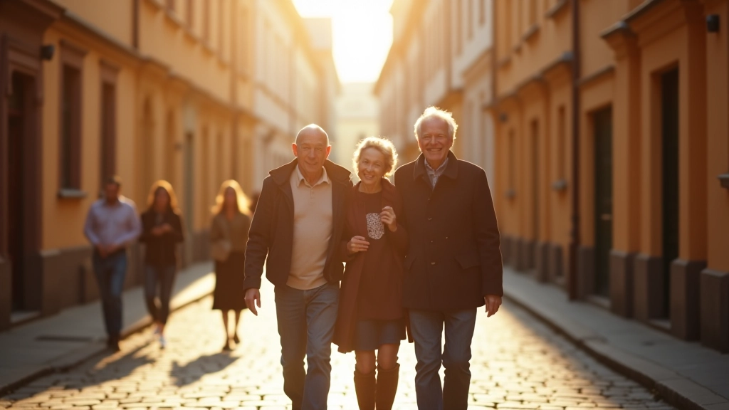 Seniori pastaigas laikā Rīgas vecpilsētas ielas